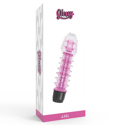 Pink transparenter vibrator mit schwarzer basis und strukturierten rippen von glossy axel im modell glossy axel vibrator rosa