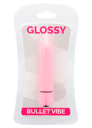 Glänzender pinker dünner vibrierender dildo aus kunststoff in transparenter plastikverpackung namens glossy rosa