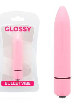 Glänzender pinker dünner bullet vibe mit glatter oberfläche und dunklem ring am fuß im produkt glossy rosa