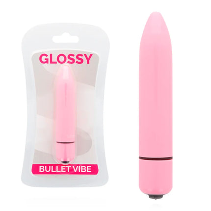 Glänzender pinker dünner bullet vibe mit glatter oberfläche und dunklem ring am fuß im produkt glossy rosa