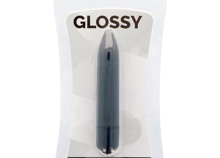 Glänzender Bullet-Vibrator in schlankem Schwarz mit glänzender Oberfläche und metallischer Silber-Spitze.