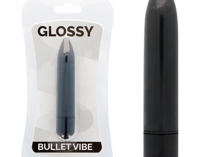 Schwarzer glossy bullet vibro mit glänzender oberfläche in verpackung fürs dezente vibrieren