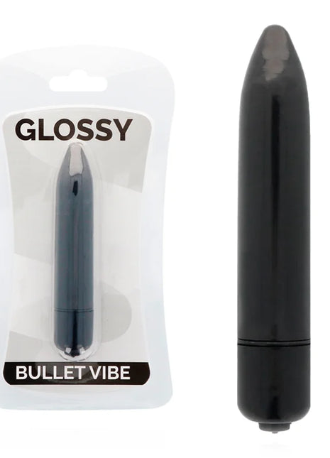 Schwarzer glossy bullet vibro mit glänzender oberfläche in verpackung fürs dezente vibrieren