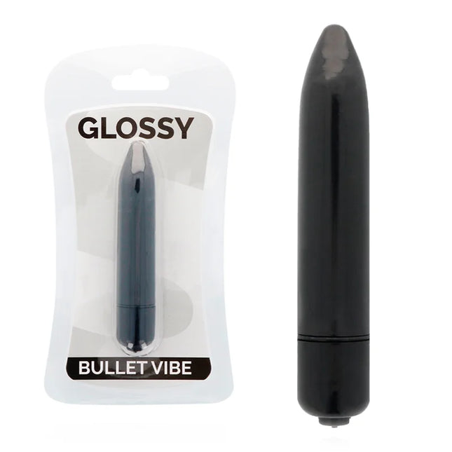 Schwarzer glossy bullet vibro mit glänzender oberfläche in verpackung fürs dezente vibrieren