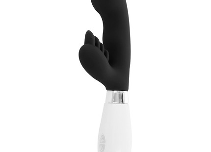 Schwarzer silikon rabbit-vibrator glossy elvis kaninchen mit weißem ergonomischem griff und silberner akzentierung