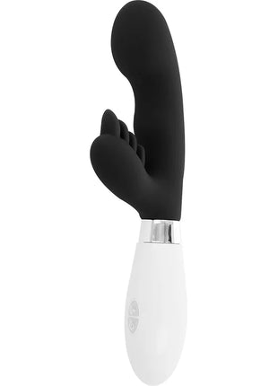 Schwarzer silikon rabbit-vibrator glossy elvis kaninchen mit weißem ergonomischem griff und silberner akzentierung