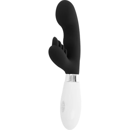 Schwarzer silikon rabbit-vibrator glossy elvis kaninchen mit weißem ergonomischem griff und silberner akzentierung