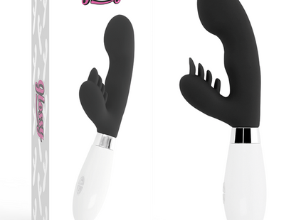 Schwarzer und weißer silikon vibrator gloss elvis kaninchen mit gebogenem kopf und silbernem metallfuß