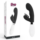 Schwarzer und weißer silikon vibrator gloss elvis kaninchen mit gebogenem kopf und silbernem metallfuß