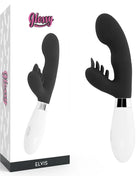 Schwarzer und weißer silikon vibrator gloss elvis kaninchen mit gebogenem kopf und silbernem metallfuß