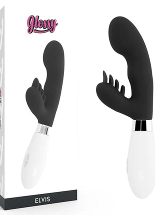 Schwarzer und weißer silikon vibrator gloss elvis kaninchen mit gebogenem kopf und silbernem metallfuß