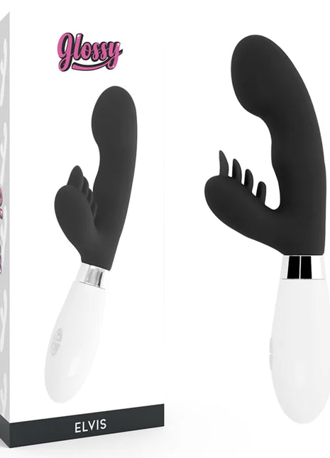 Schwarzer und weißer silikon vibrator gloss elvis kaninchen mit gebogenem kopf und silbernem metallfuß