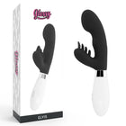 Schwarzer und weißer silikon vibrator gloss elvis kaninchen mit gebogenem kopf und silbernem metallfuß