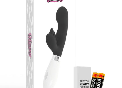 Schwarzer und weißer silikon vibrato mit silberner metallbasis von glossy elvis im produkt glossy elvis kaninchen schwarz