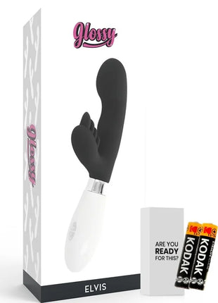 Schwarzer und weißer silikon vibrato mit silberner metallbasis von glossy elvis im produkt glossy elvis kaninchen schwarz