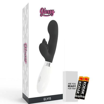 Schwarzer und weißer silikon vibrato mit silberner metallbasis von glossy elvis im produkt glossy elvis kaninchen schwarz
