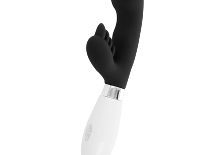 Schwarzer und weißer silikonvibrato mit gebogenem fingerförmigem kopf im produkt glossy elvis kaninchen schwarz