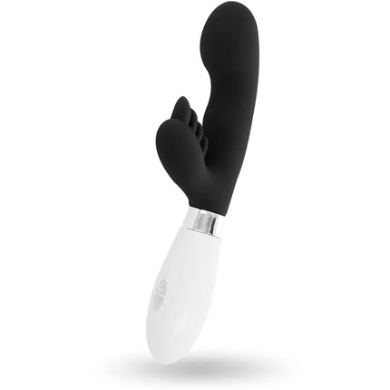 Schwarzer und weißer silikonvibrato mit gebogenem fingerförmigem kopf im produkt glossy elvis kaninchen schwarz