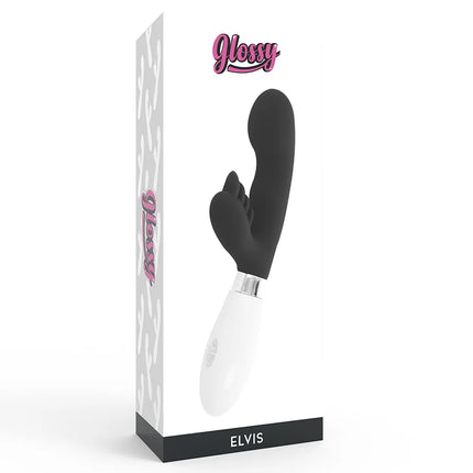 Schwarzes und weißes silikonspielzeug glossy elvis kaninchen mit gebogenem kopf und silberner metallbasis
