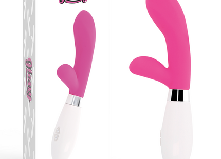Glossy jackson-kaninchen-rosa vibrator in pink und weiß mit glattem, glänzendem finish, produktansicht vorne