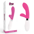 Glossy jackson-kaninchen-rosa vibrator in pink und weiß mit glattem, glänzendem finish, produktansicht vorne