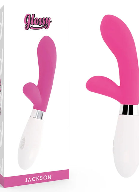 Glossy jackson-kaninchen-rosa vibrator in pink und weiß mit glattem, glänzendem finish, produktansicht vorne