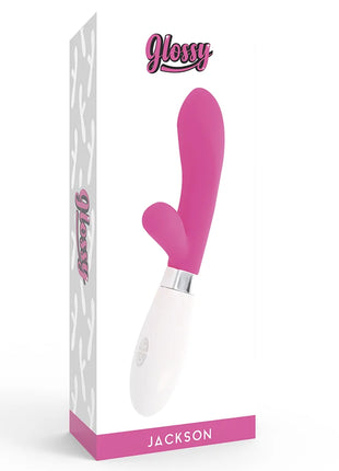 Glänzender jackson-kaninchen-rosa vibrato wand in rosa und weiß in der verpackung