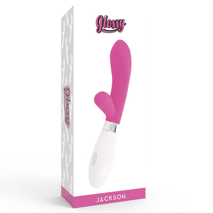 Glänzender jackson-kaninchen-rosa vibrato wand in rosa und weiß in der verpackung