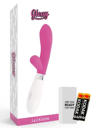 Glänzender pink-weißer jackson-kaninchen-vibrator mit ergonomischem design und glänzender oberfläche