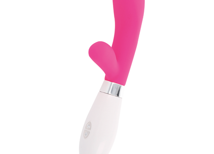 Glossy jackson-kaninchen-rosa silikon vibrator in pink und weiß mit silbernem metallband in hasenform