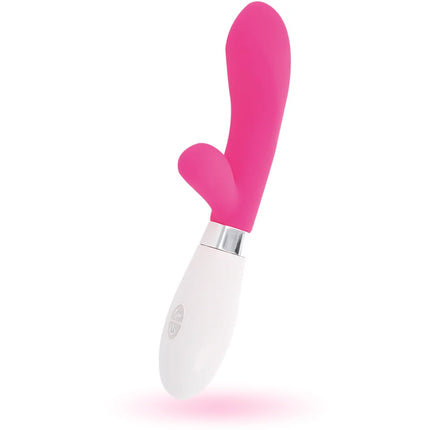 Glossy jackson-kaninchen-rosa silikon vibrator in pink und weiß mit silbernem metallband in hasenform