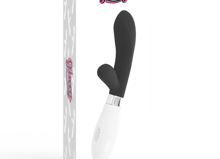 Glänzender schwarzer und weißer jackson rabbit vibrierer mit ergonomischem design und glatter oberfläche