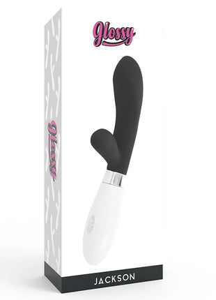 Glänzender schwarzer und weißer jackson rabbit vibrierer mit ergonomischem design und glatter oberfläche