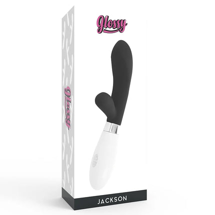 Glänzender schwarzer und weißer jackson rabbit vibrierer mit ergonomischem design und glatter oberfläche