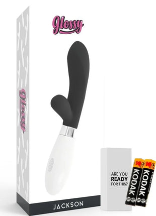 Schwarzer und weißer glänzender jackson rabbit vibrator mit ergonomischem design aus glattem material