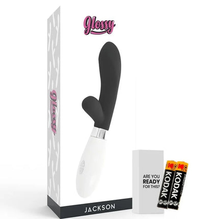 Schwarzer und weißer glänzender jackson rabbit vibrator mit ergonomischem design aus glattem material