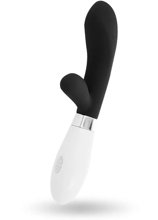 Schwarzer und weißer silikon vibrierender hase mit silbernem metallakzent glossy jackson rabbit schwarz
