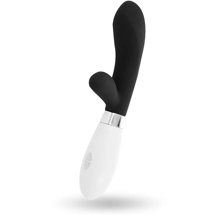 Schwarzer und weißer silikon vibrierender hase mit silbernem metallakzent glossy jackson rabbit schwarz