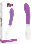 Glänzender john vibrator lila in violett und weiß mit schlankem ergonomischem design aus glattem material