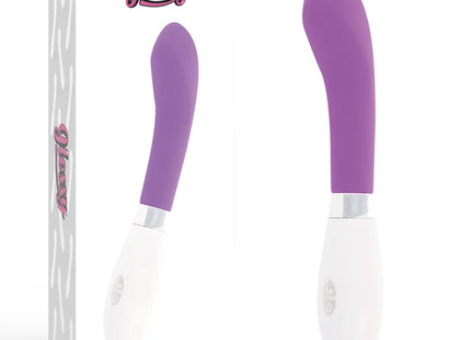 Glänzender john vibrator lila in violett und weiß mit schlankem ergonomischem design aus glattem material