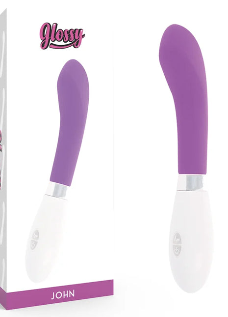 Glänzender john vibrator lila in violett und weiß mit schlankem ergonomischem design aus glattem material