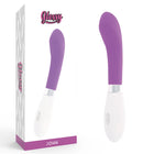 Glänzender john vibrator lila in violett und weiß mit schlankem ergonomischem design aus glattem material