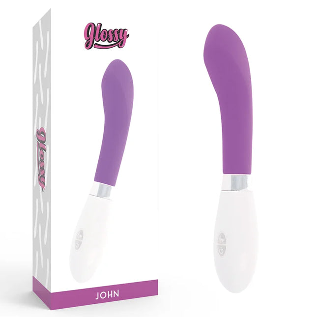Glänzender john vibrator lila in violett und weiß mit schlankem ergonomischem design aus glattem material