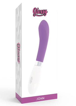 Glänzender john vibrator lila in ergonomischem design mit purpur und weißer lackierung