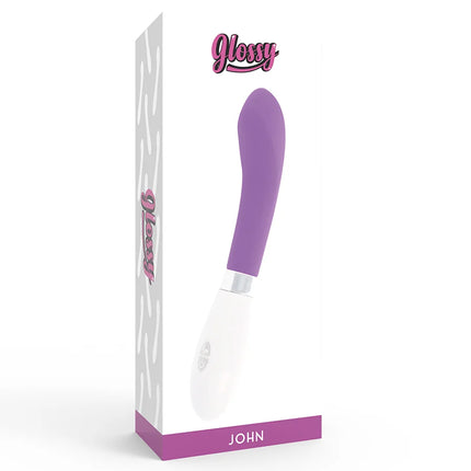 Glänzender john vibrator lila in ergonomischem design mit purpur und weißer lackierung