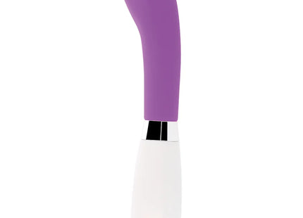 Lila glänzender john vibrator aus silikon mit schlankem gebogenem design in lila und weiß