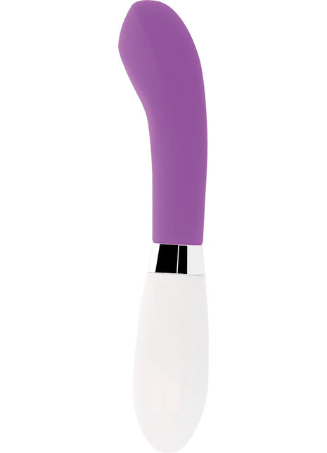 Lila glänzender john vibrator aus silikon mit schlankem gebogenem design in lila und weiß