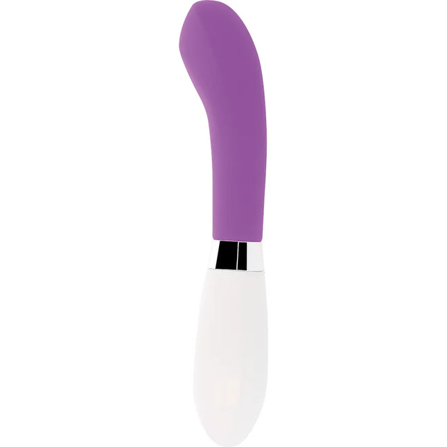 Lila glänzender john vibrator aus silikon mit schlankem gebogenem design in lila und weiß
