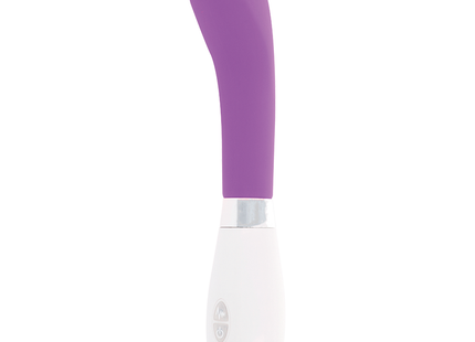 Glossy john vibrator lila ist ein lila weißer silikongriff vibrierender stab mit elegantem gebogenem design