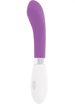 Glossy john vibrator lila ist ein lila weißer silikongriff vibrierender stab mit elegantem gebogenem design